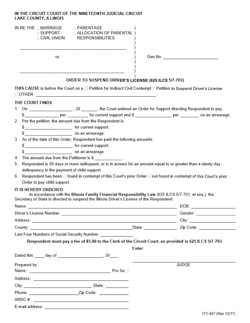 Order To Suspend Drivers License171-457} | Pdf Fpdf Docx | Illinois