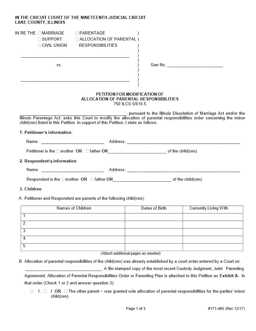 Petition For Modification Of Allocation Of Parental Responsibility {171-485} | Pdf Fpdf Docx | Illinois
