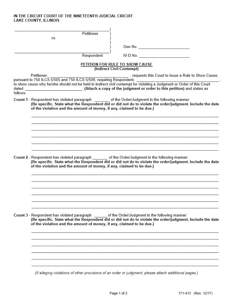 Petition For Rule To Show Cause (Indirect Civil Contempt) {171-413} | Pdf Fpdf Docx | Illinois