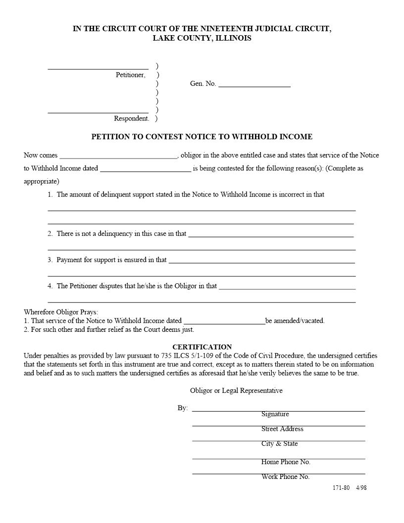 Petition To Contest Notice To Withhold Income {171-80} | Pdf Fpdf Doc Docx | Illinois