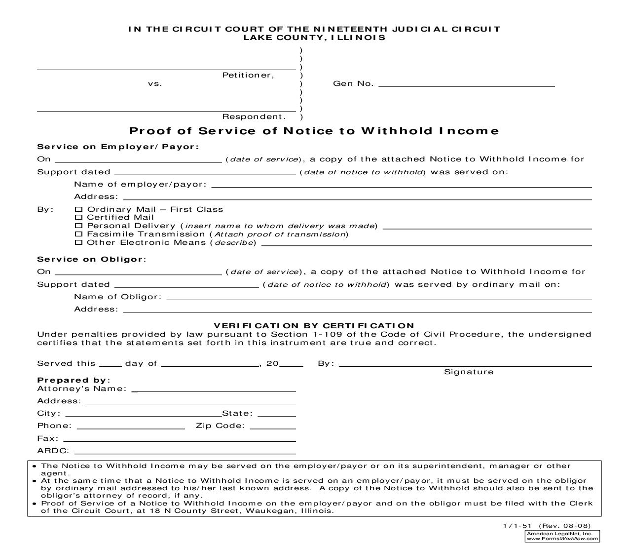 Proof Of Service Notice Withhold Income For Support {171-51} | Pdf Fpdf Doc Docx | Illinois