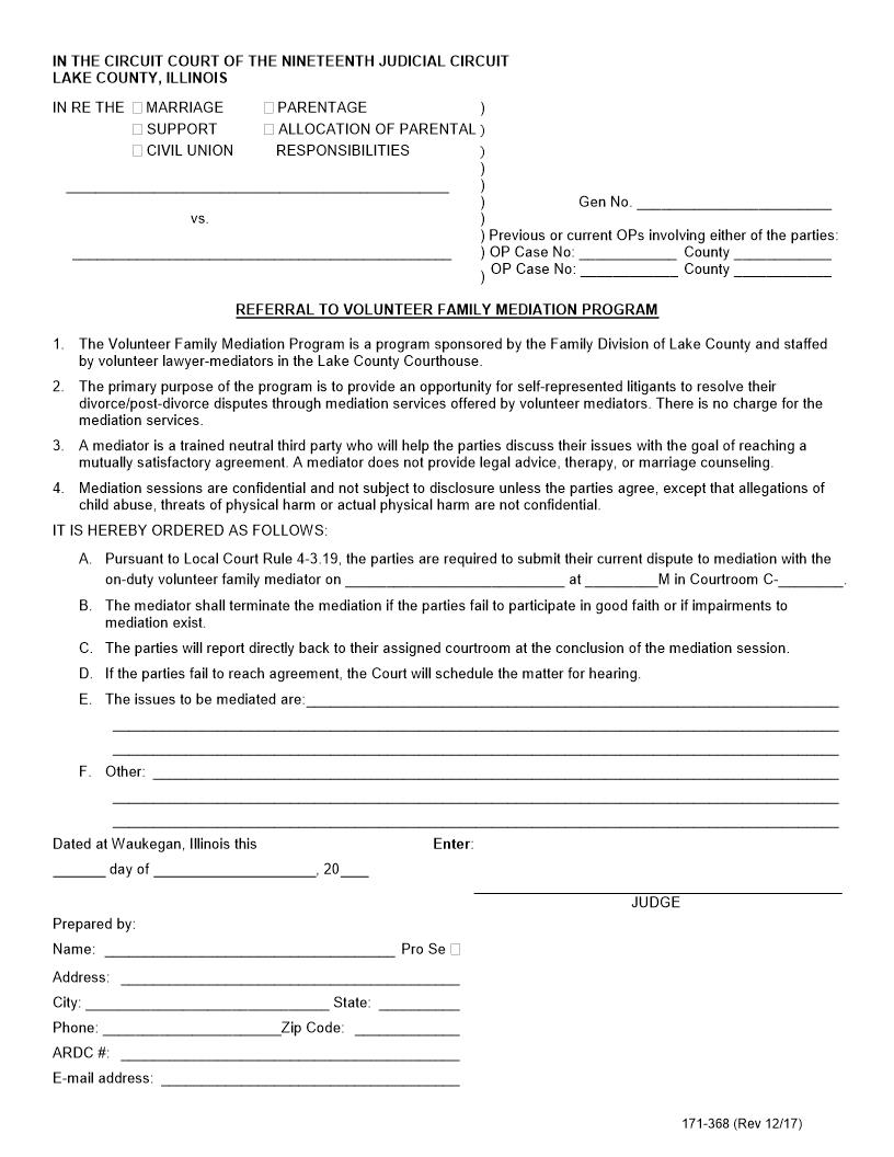 Referral To Volunteer Family Mediation Program {171-368} | Pdf Fpdf Docx | Illinois