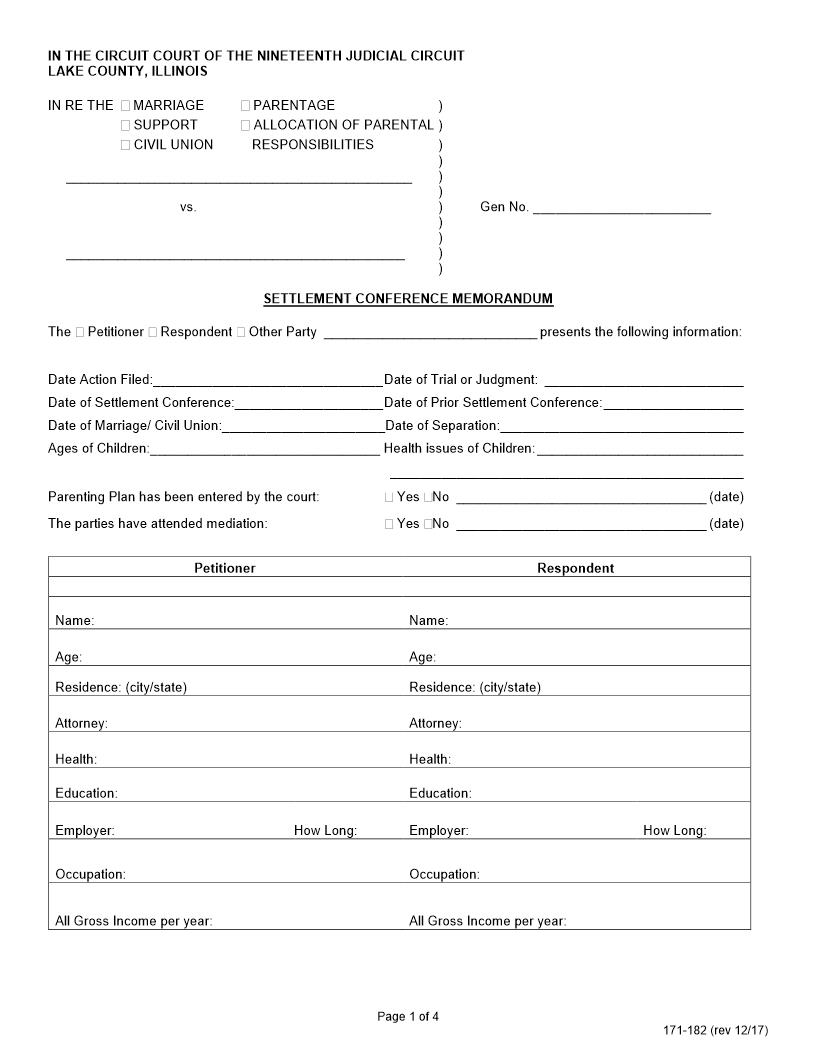 Settlement Conference Memorandum {171-182} | Pdf Fpdf Doc Docx | Illinois