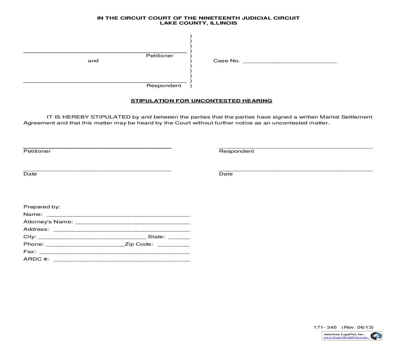 Stipulation For Uncontested Hearing {171-345} | Pdf Fpdf Doc Docx | Illinois