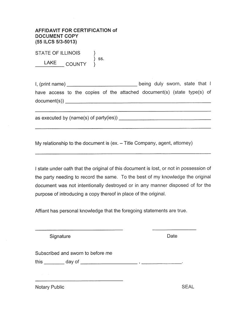 Affidavit For Certification Of Document Copy | Pdf Fpdf Docx | Illinois