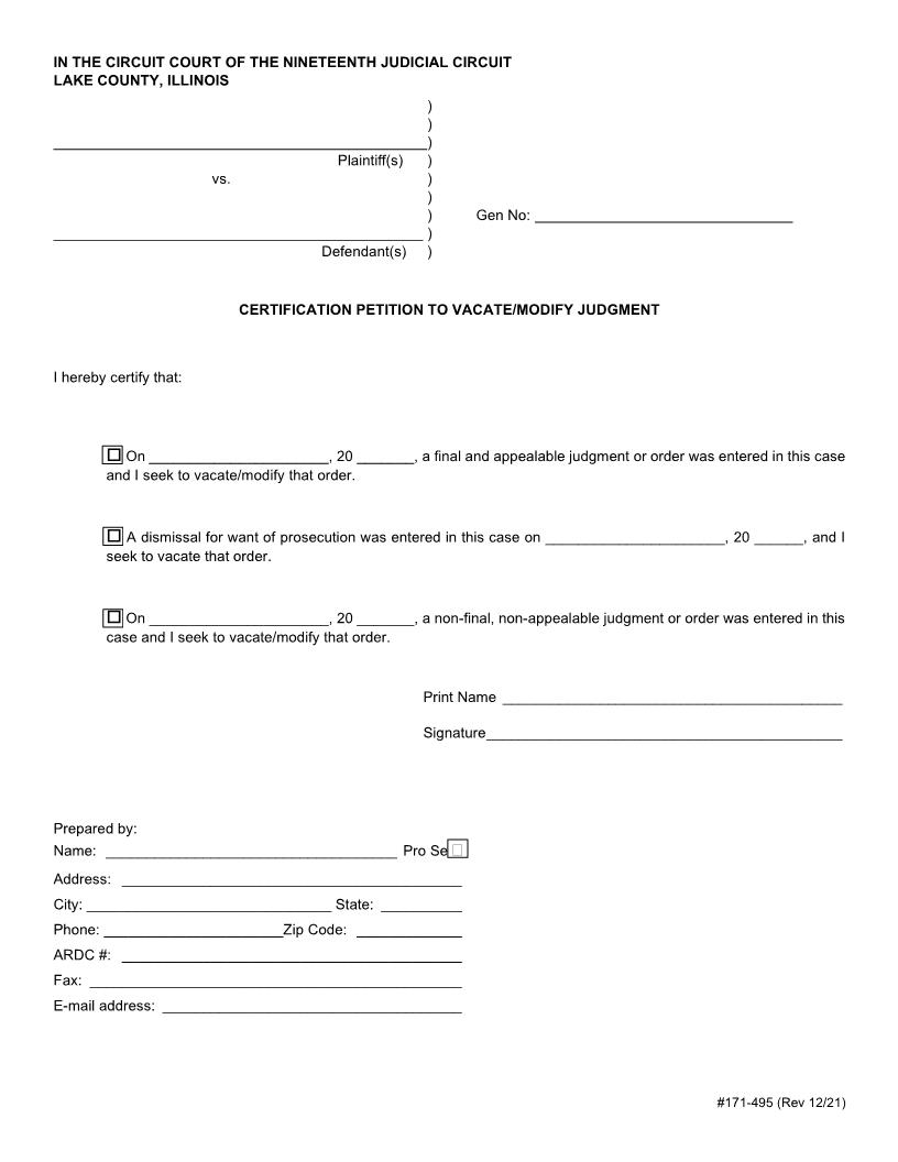 Certificate Of Attorney - Petition To Vacate-Modify Judgment Order {171-495} | Pdf Fpdf Docx | Illinois