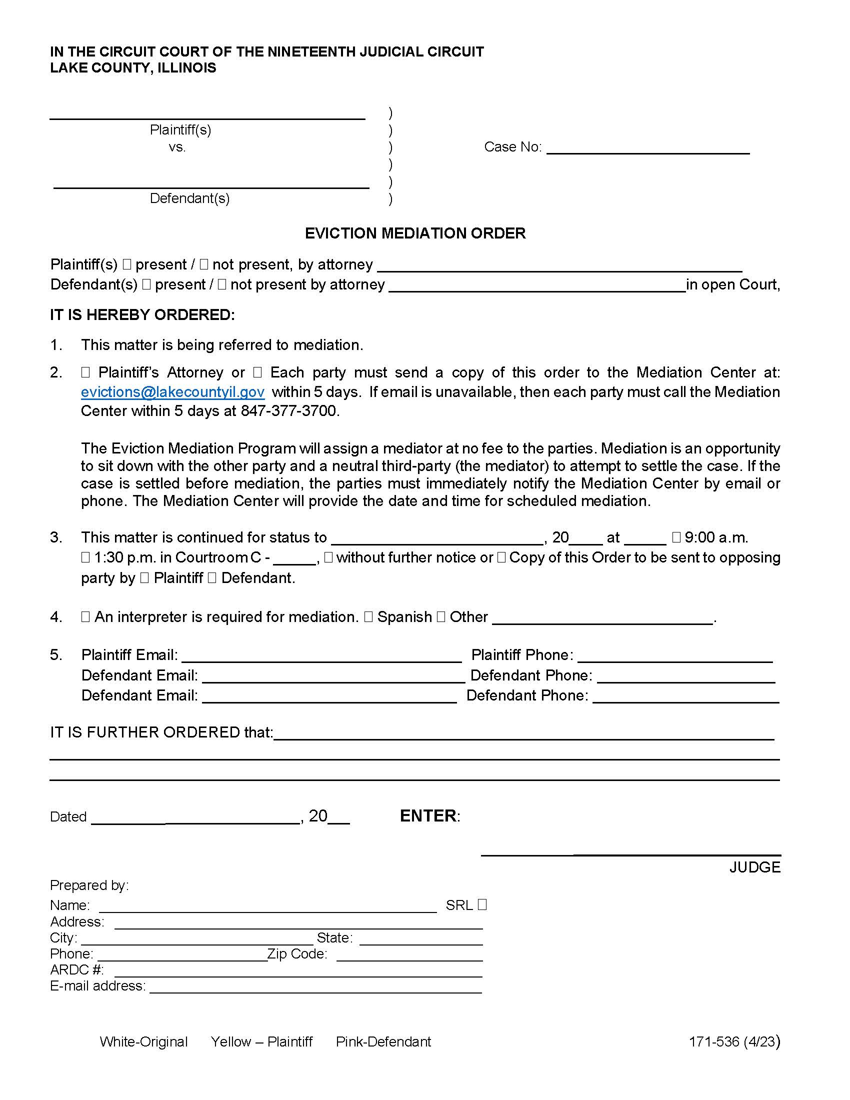 Eviction Mediation Order {171-536} | Pdf Fpdf Docx | Illinois