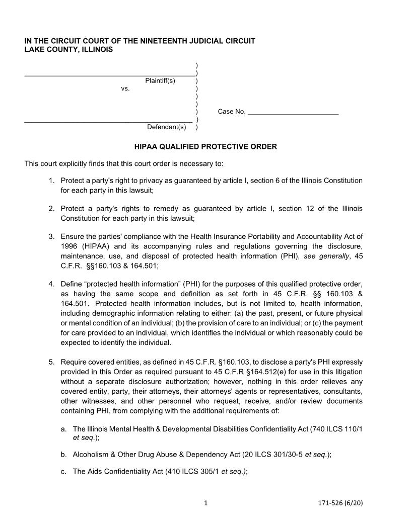 HIPAA Qualified Protective Order {171-526} | Pdf Fpdf Docx | Illinois