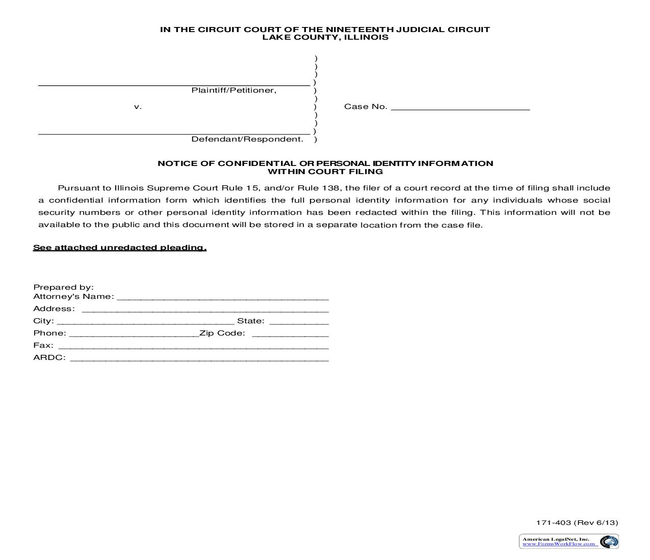 Notice Of Confidential Or Personal Identity Information Within Court Filing {171-403} | Pdf Fpdf Doc Docx | Illinois