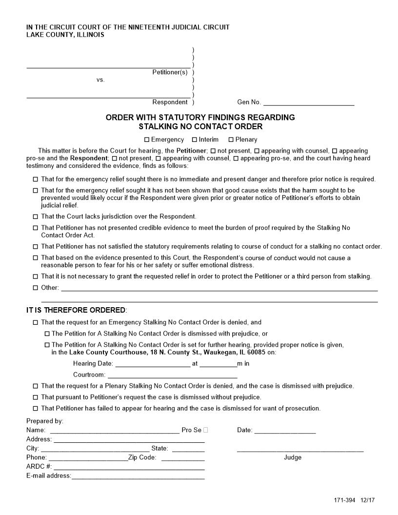 Order With Statutory Findings Regarding Stalking No Contact Order {171-394} | Pdf Fpdf Docx | Illinois