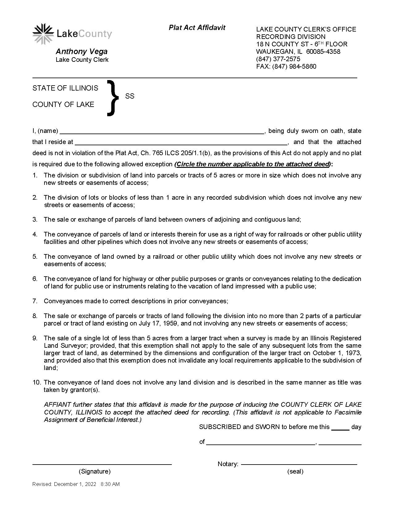 Plat Act Affidavit | Pdf Fpdf Doc Docx | Illinois