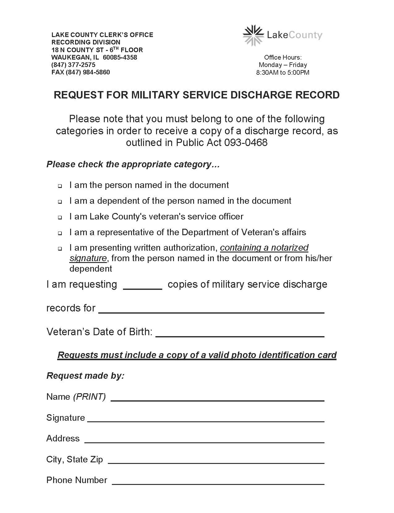 Request For Military Service Discharge Record | Pdf Fpdf Docx | Illinois