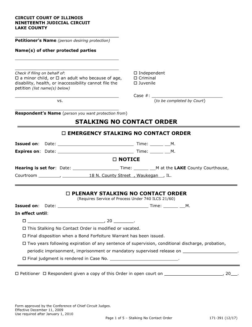 Stalking No Contact Order {171-391} | Pdf Fpdf Docx | Illinois