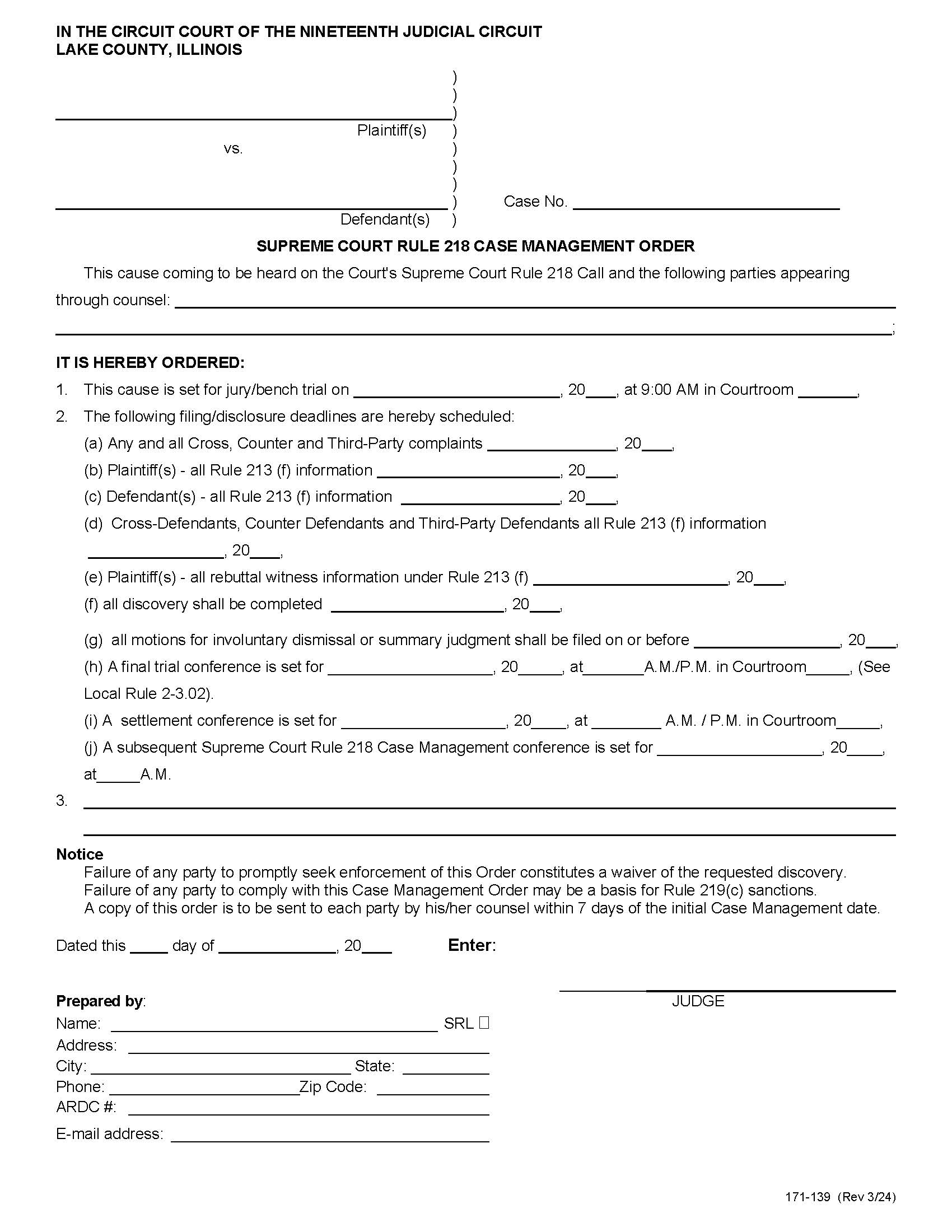 Supreme Court Rule 218 Order (Case Management Conference) {171-139} | Pdf Fpdf Docx | Illinois