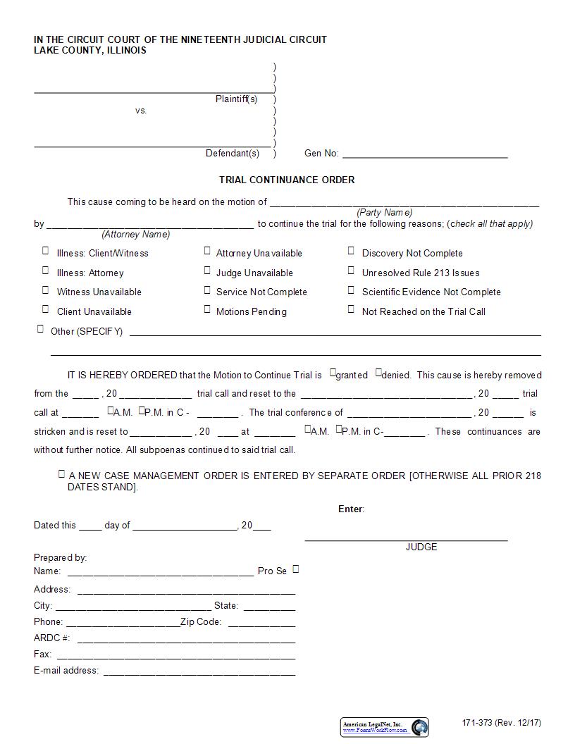 Trial Continuance Order {171-373} | Pdf Fpdf Docx | Illinois