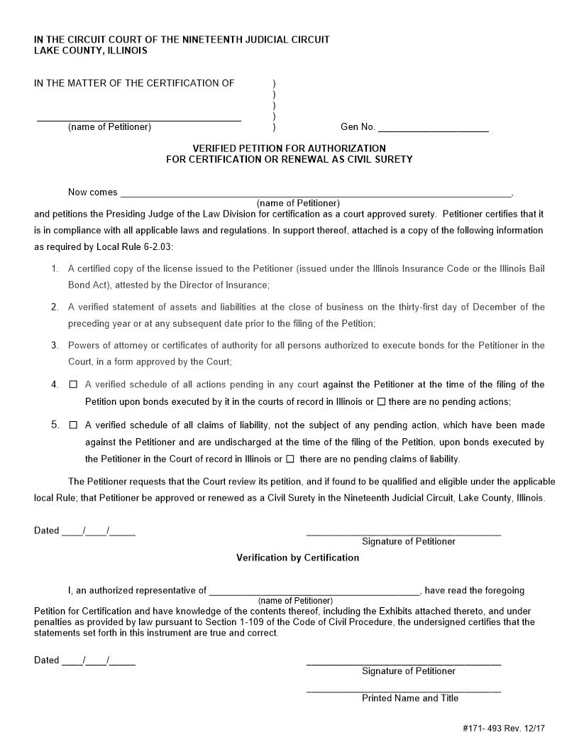 Verified Petitition For Authorization For Certification-Renewal As Civil Surety {171-494} | Pdf Fpdf Docx | Illinois