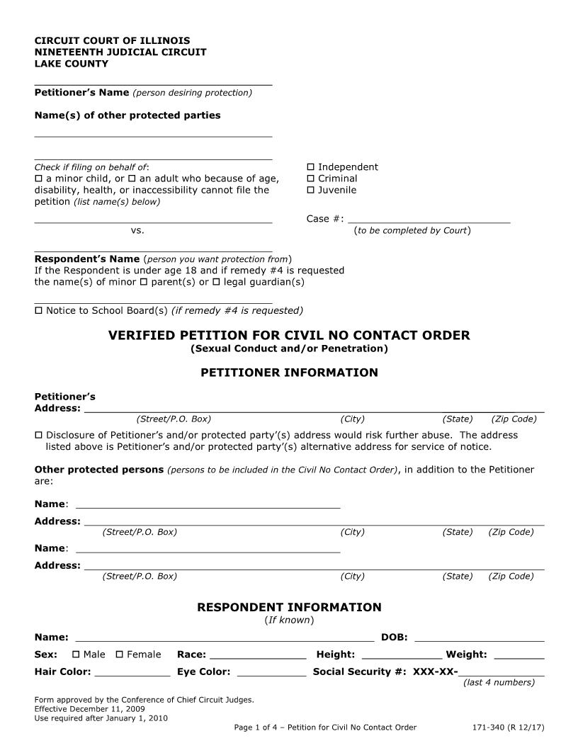 Verified Petitition For Civil No Contact Order {171-340} | Pdf Fpdf Docx | Illinois