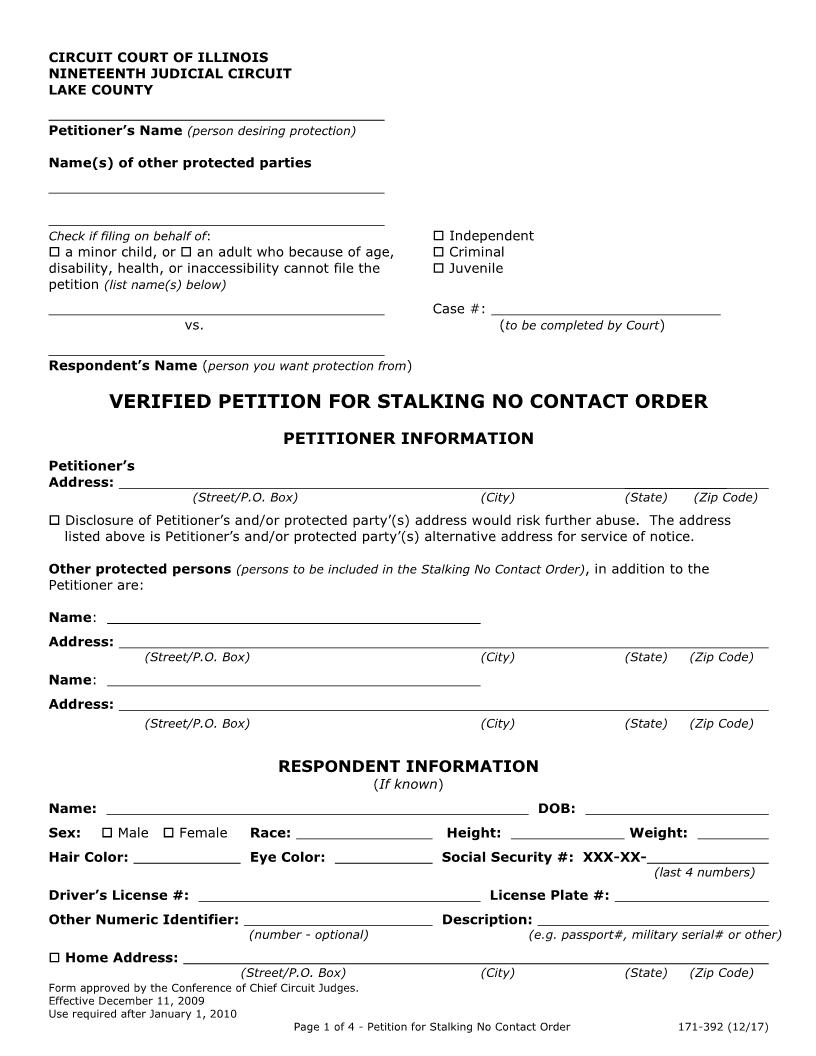 Verified Petitition For Stalking No Contact Order {171-392} | Pdf Fpdf Docx | Illinois