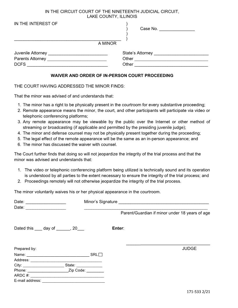Waiver And Order Of In-Person Court Proceeding (Juvenile) {171-533} | Pdf Fpdf Docx | Illinois