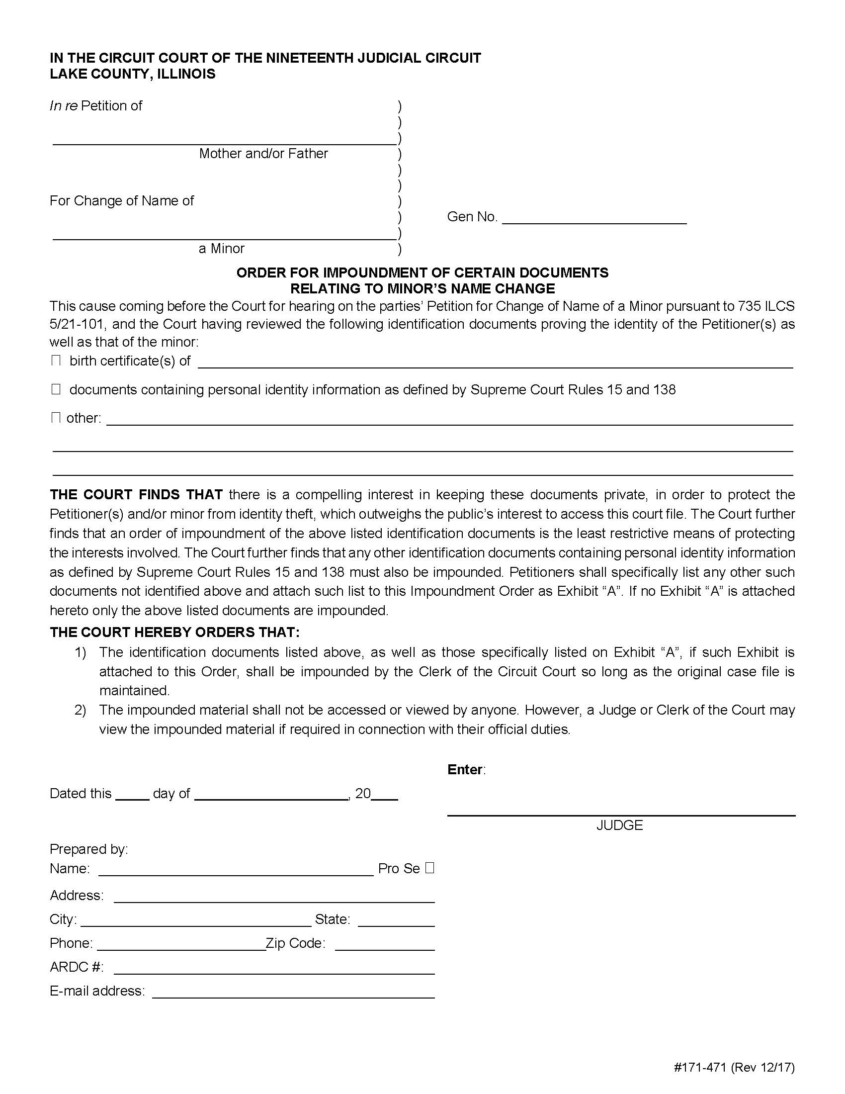 Order For Impoundment Of Certain Documents Relating To Minors Name Change {171-471} | Pdf Fpdf Doc Docx | Illinois