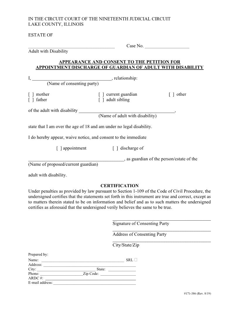 Appearance Consent For Appointment Or Discharge Guardian Adult With Disability {171-386} | Pdf Fpdf Docx | Illinois