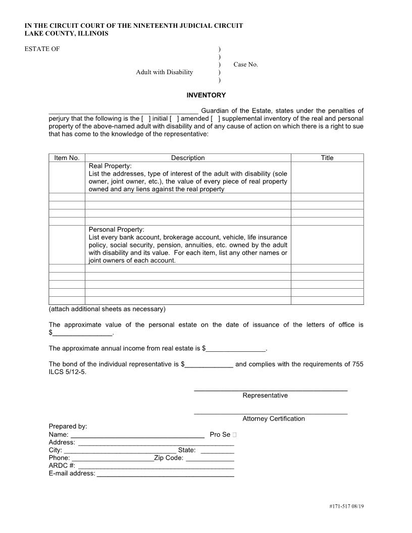 Inventory (Adult With Disability Guardianship) {171-517} | Pdf Fpdf Docx | Illinois