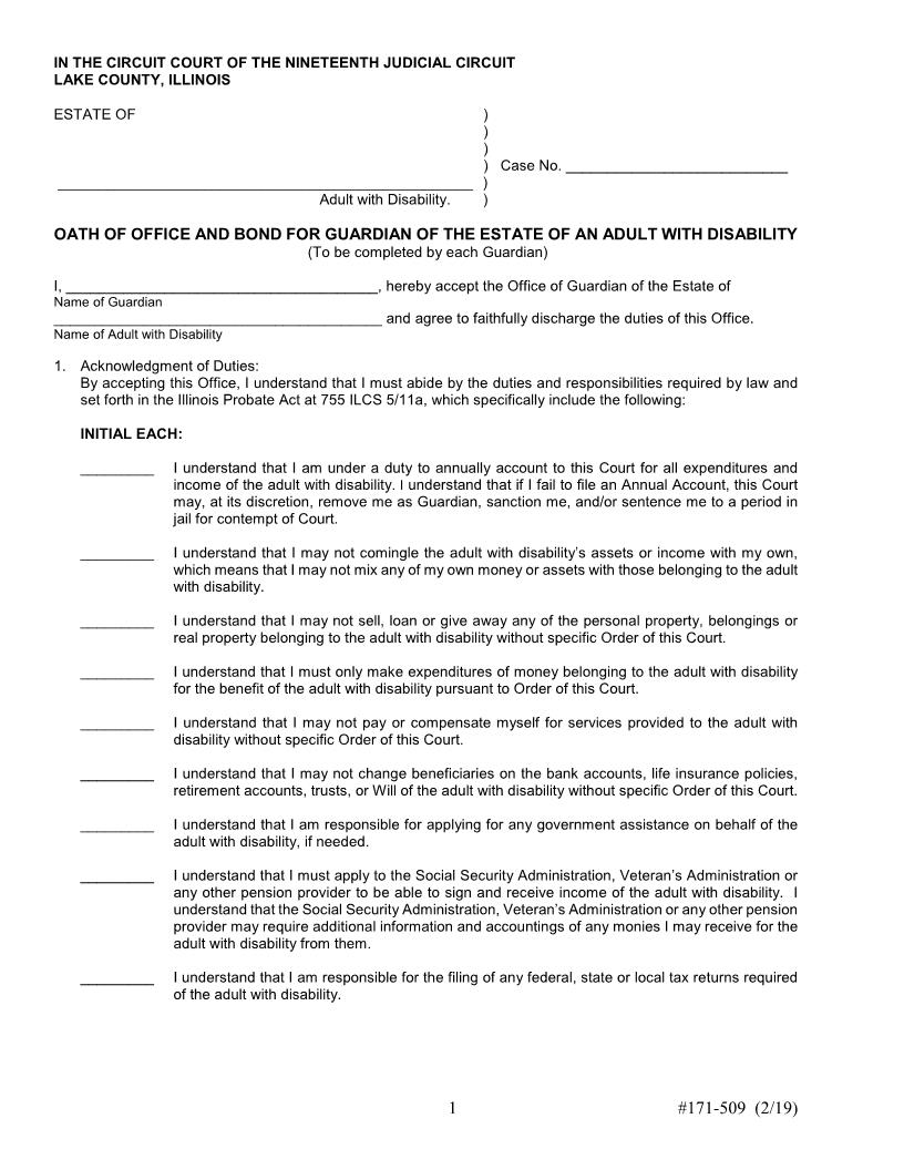 Oath And Bond Guardian Of Estate Of Adult With Disability {171-509} | Pdf Fpdf Docx | Illinois