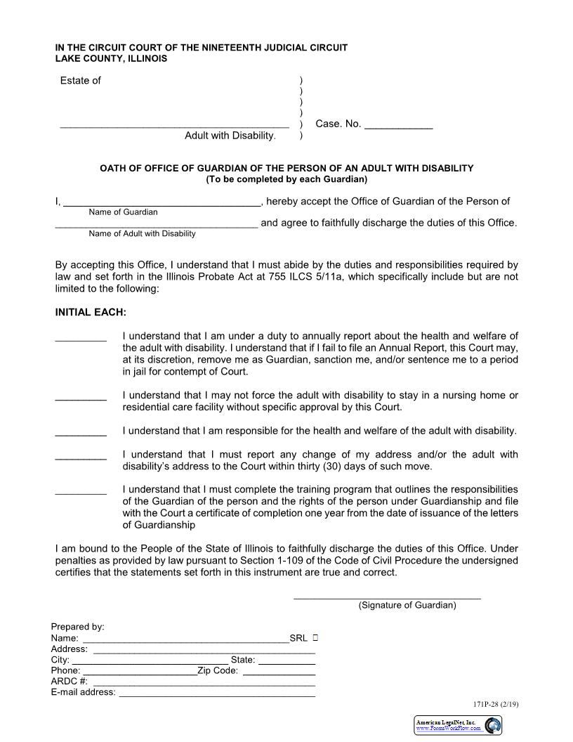 Oath Of Office Guardian Of Person Of Adult With Disability {171-28} | Pdf Fpdf Docx | Illinois