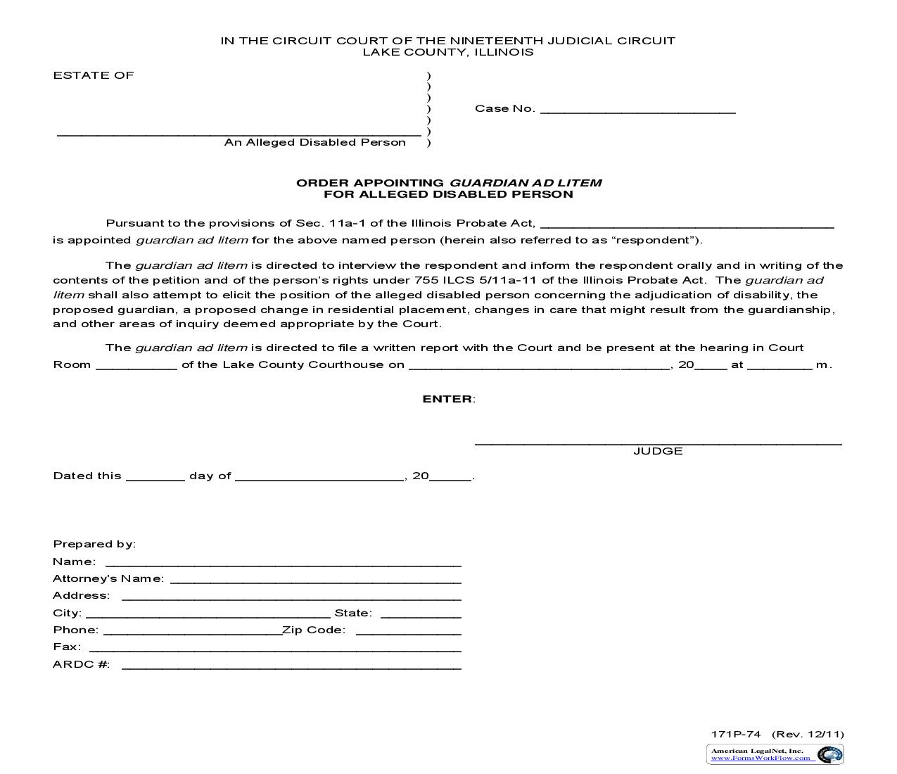 Order Appointing Guardian Ad Litem For Alleged Disabled Person {171P-74} | Pdf Fpdf Doc Docx | Illinois