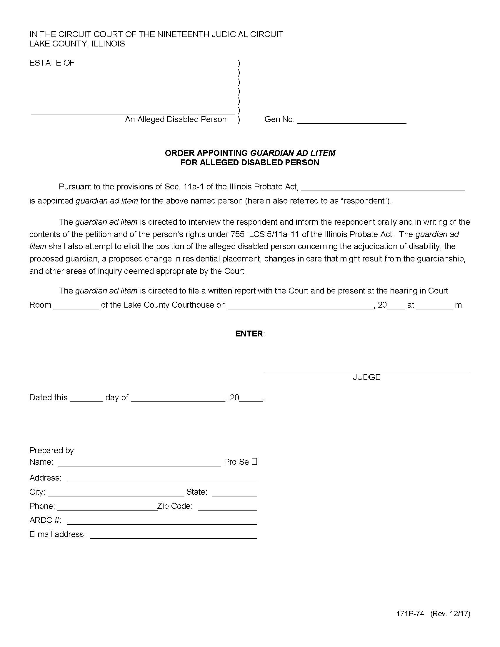 Order Appointing Guardian Ad Litem For Alleged Disabled Person {171P-74} | Pdf Fpdf Doc Docx | Illinois