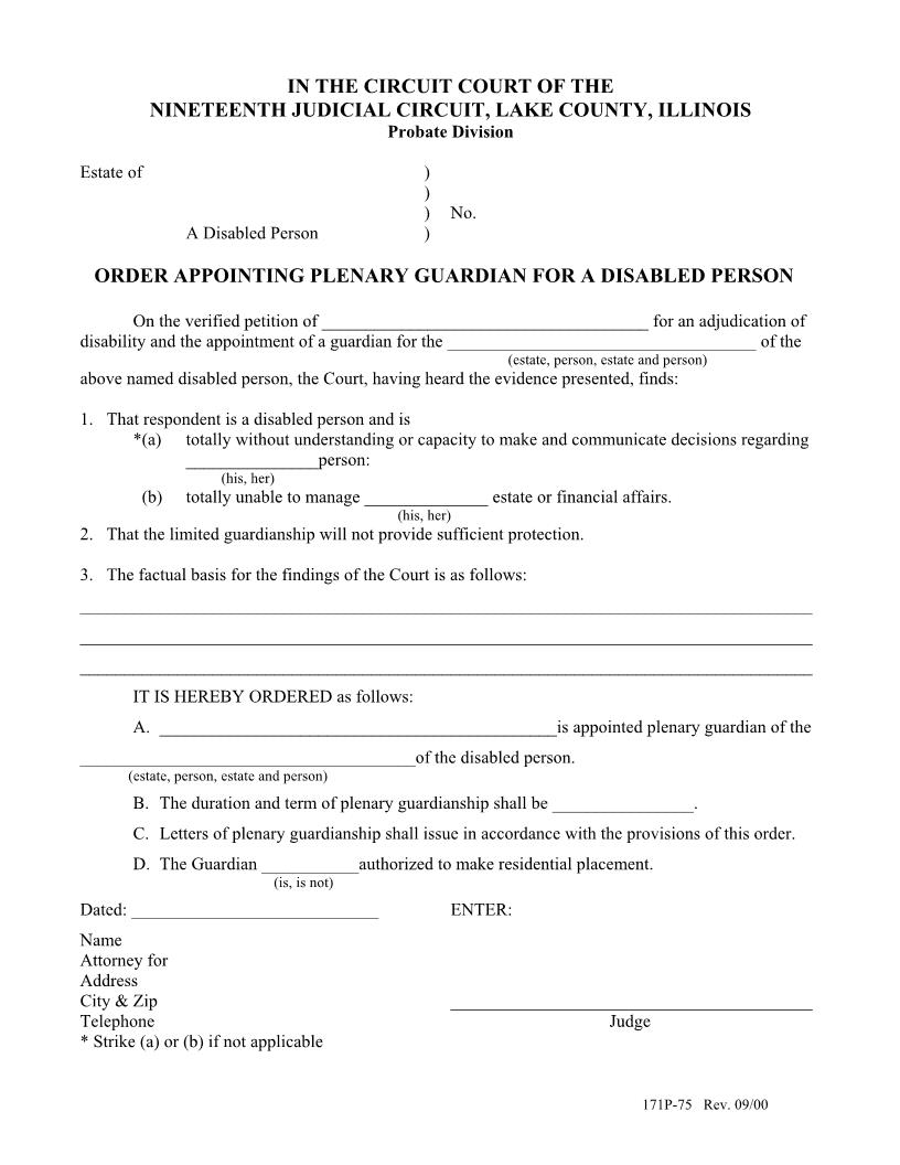 Order Appointing Plenary Guardian For A Disabled Person {171P-75} | Pdf Fpdf Docx | Illinois