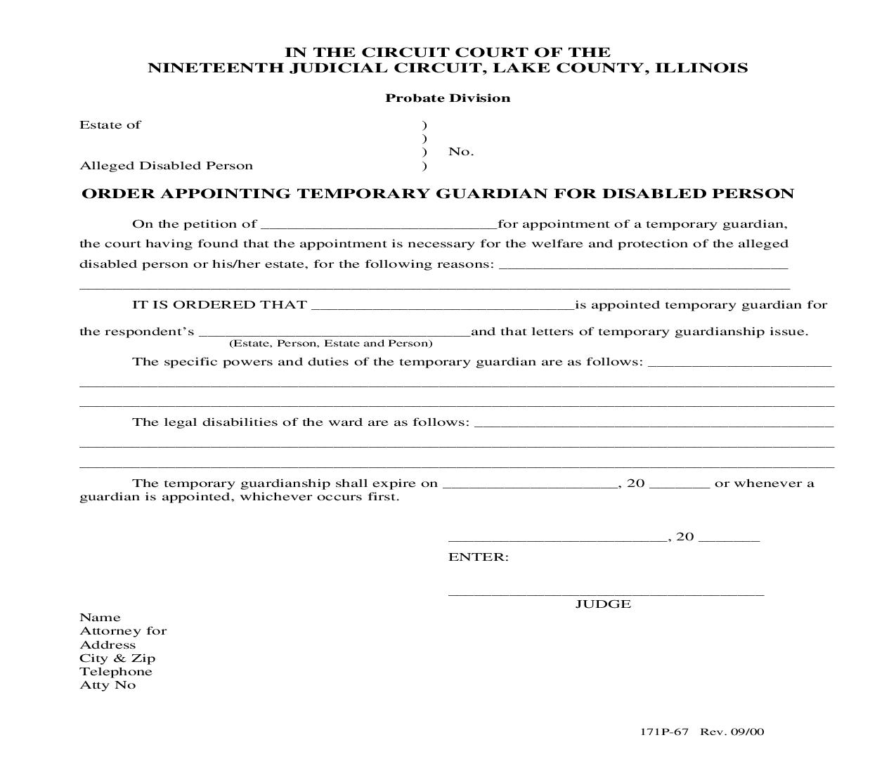Order Appointing Temporary Guardian For Disabled Person {171P-67} | Pdf Fpdf Doc Docx | Illinois