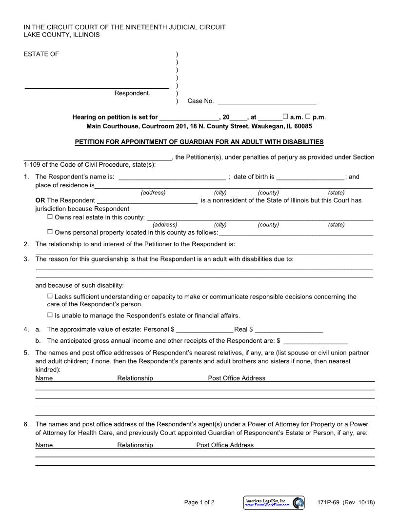 Petition For Appointment Of Guardian For Adult With Disabilities {171P-69} | Pdf Fpdf Docx | Illinois
