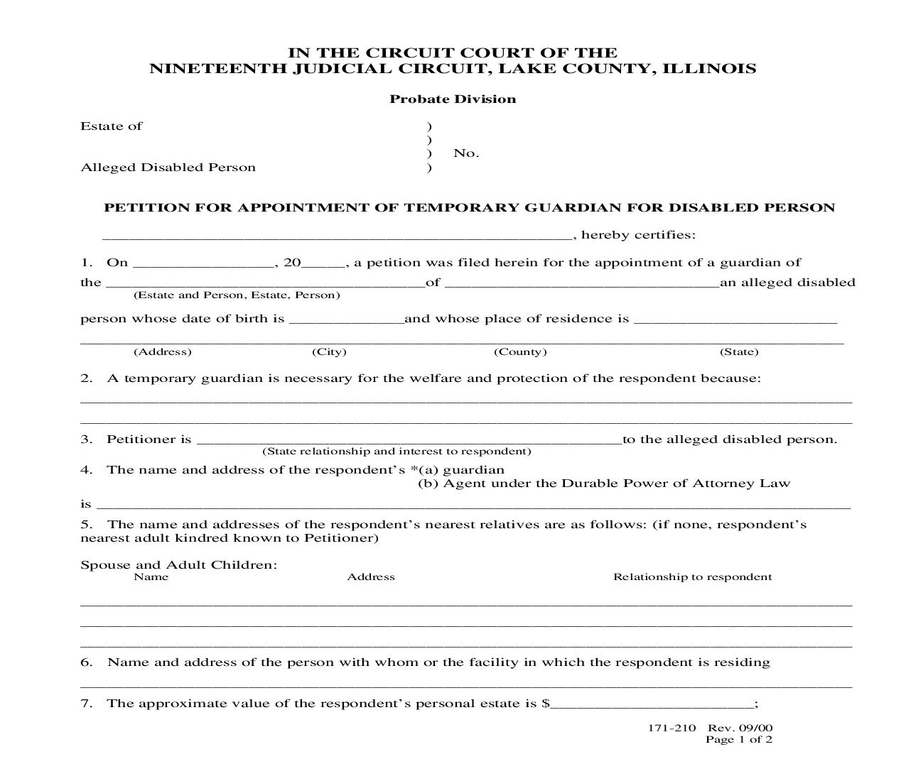 Petition For Appointment Of Temporary Guardian For Disabled Person {171-210} | Pdf Fpdf Doc Docx | Illinois