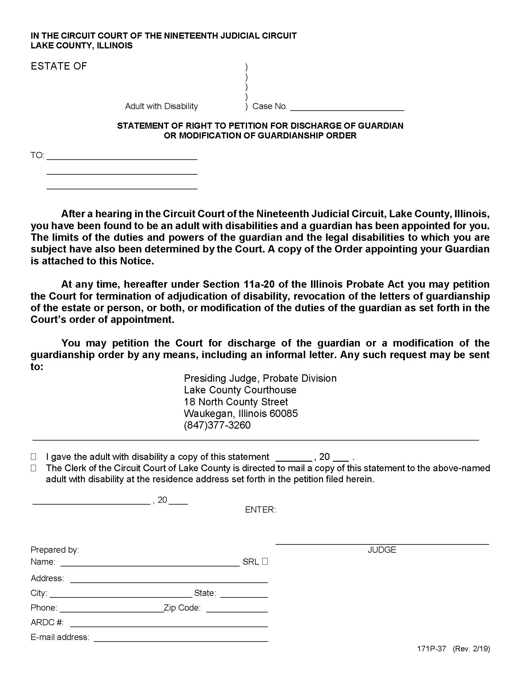 Statement Of Right To Discharge Guardian Or Modify Guardianship Order {171P-37} | Pdf Fpdf Doc Docx | Illinois