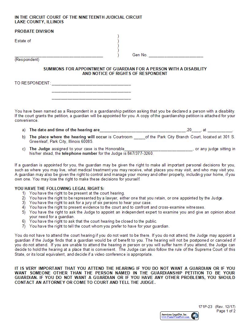 Summons For Appointment Of Guardian For Person With Disability {171P-23} | Pdf Fpdf Docx | Illinois
