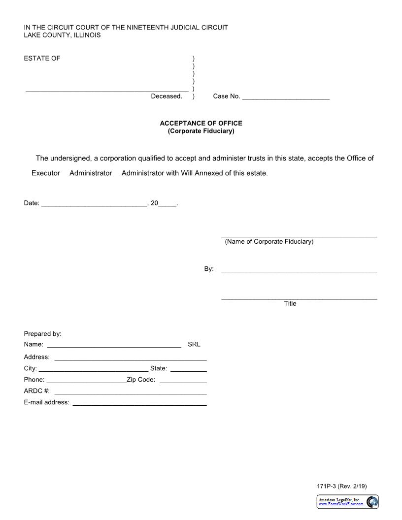 Acceptance Of Office (Corporate Fidciary) {171P-3} | Pdf Fpdf Docx | Illinois