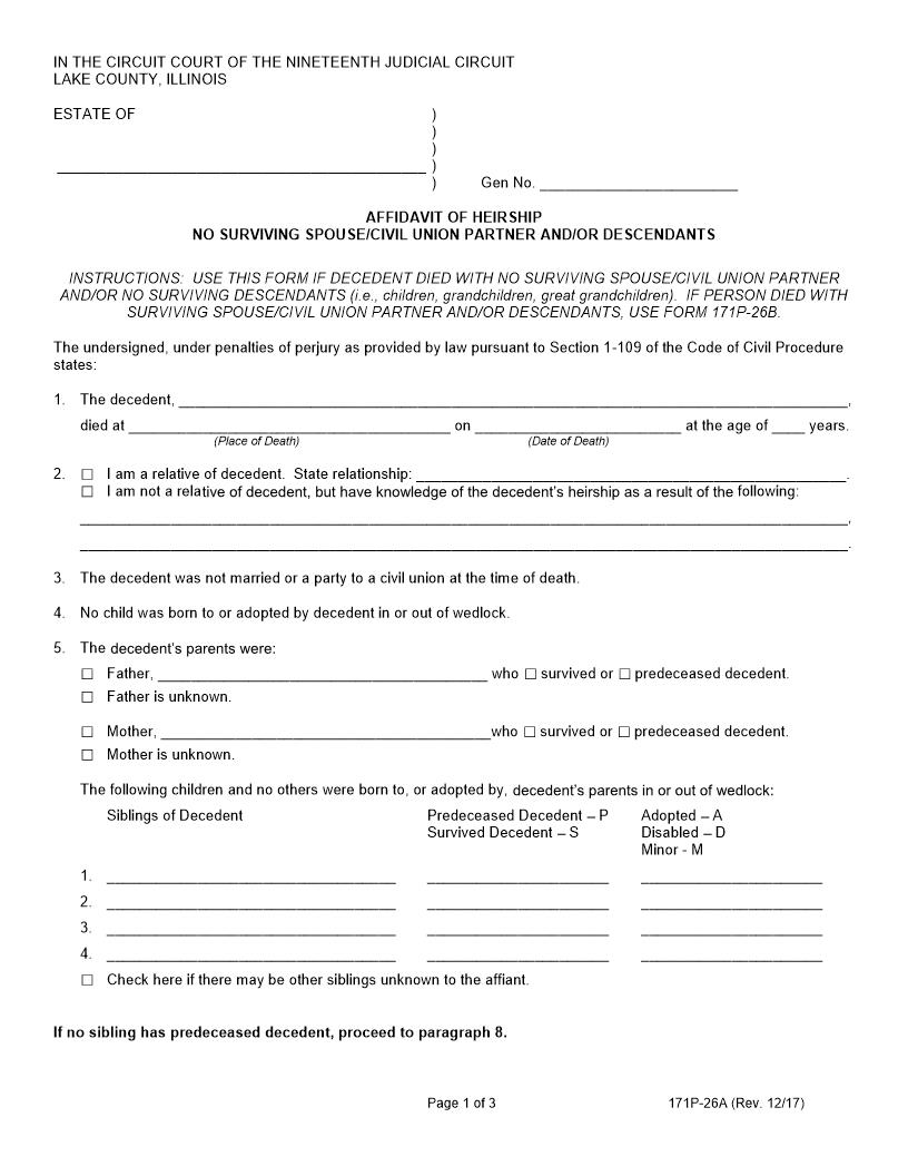 Affidavit Of Heirship No Surviving Spouse Partner And-Or Descendants {171P-26A} | Pdf Fpdf Docx | Illinois