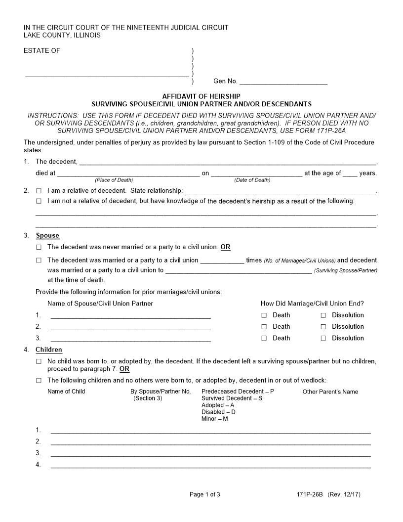 Affidavit Of Heirship Surviving Spouse Civil Union Partner And-Or Descendants {171P-26B} | Pdf Fpdf Docx | Illinois