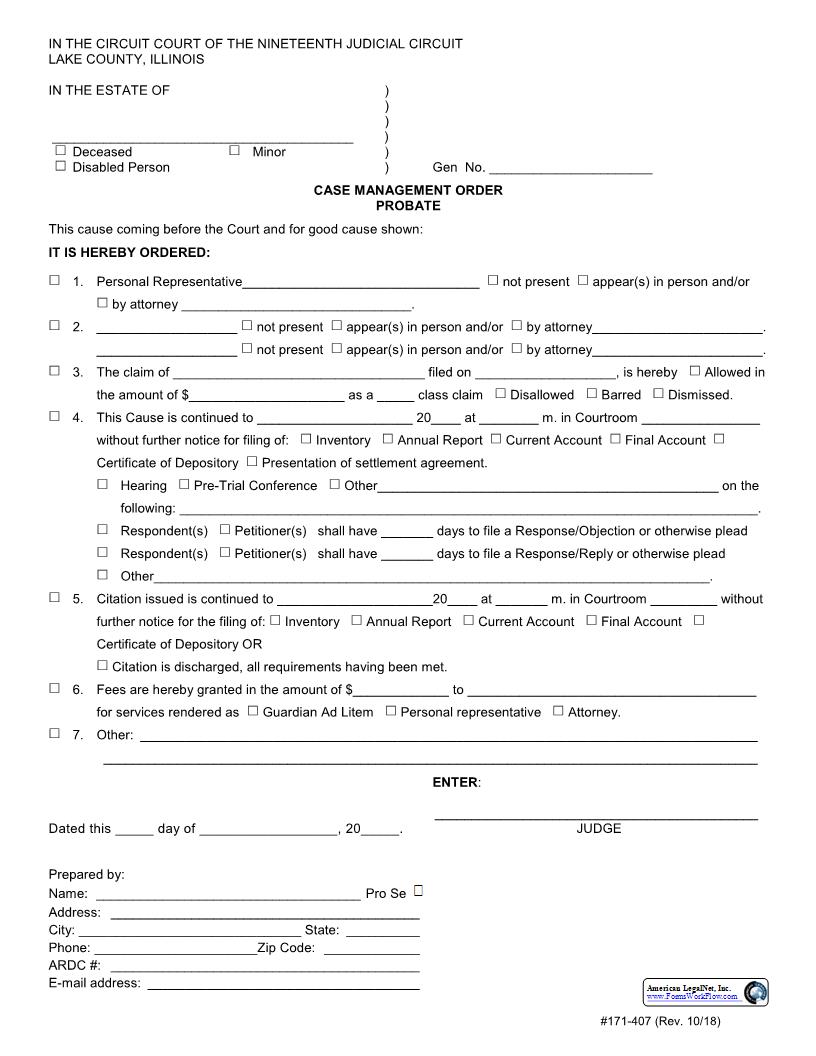 Case Management Order Probate {171-407} | Pdf Fpdf Docx | Illinois