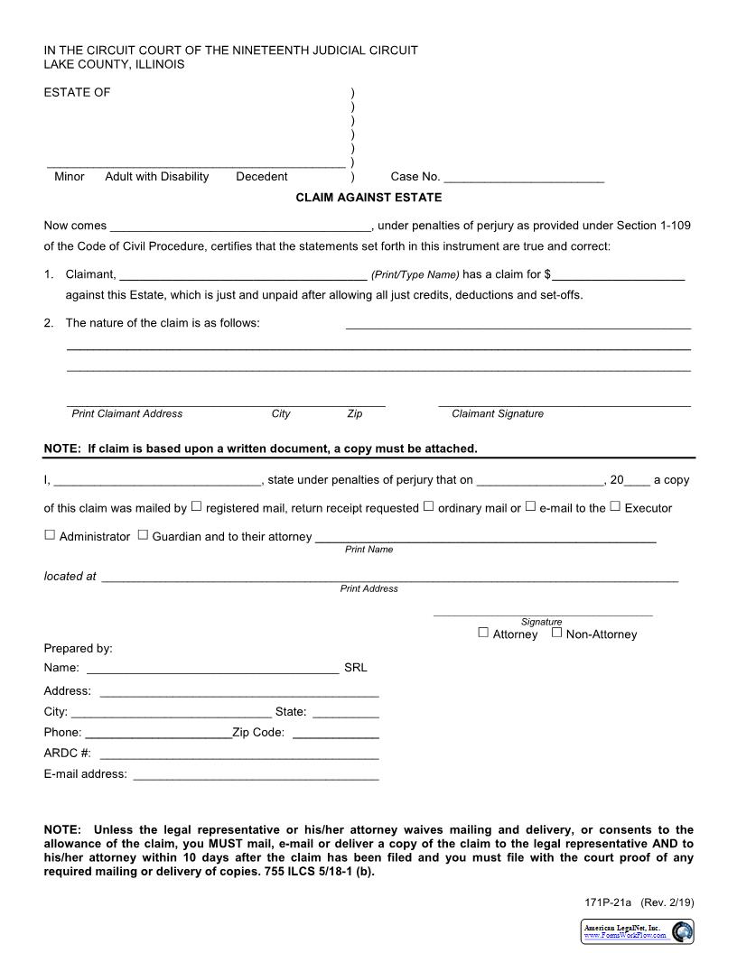 Claim Against Estate {171P-21a} | Pdf Fpdf Docx | Illinois