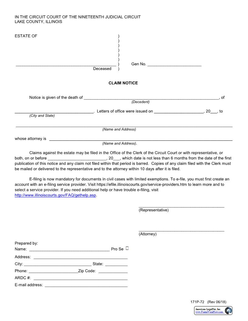 Claim Notice {171P-72} | Pdf Fpdf Docx | Illinois