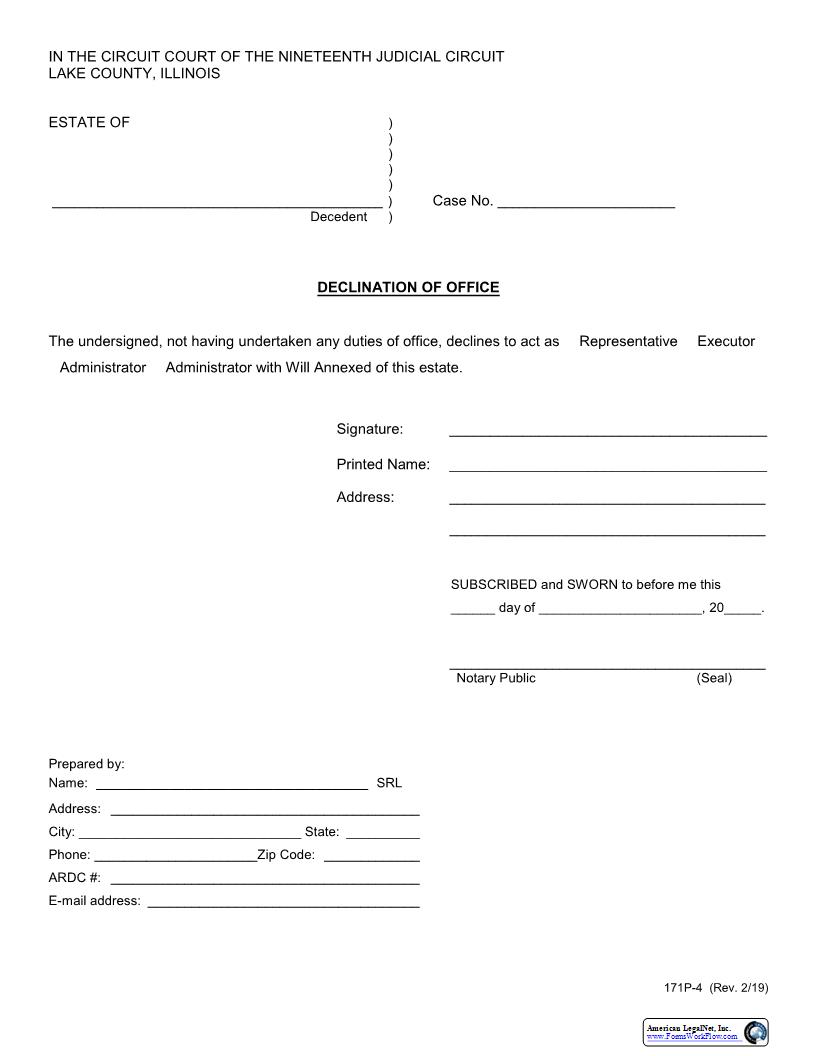Declination Of Office {171P-4} | Pdf Fpdf Docx | Illinois