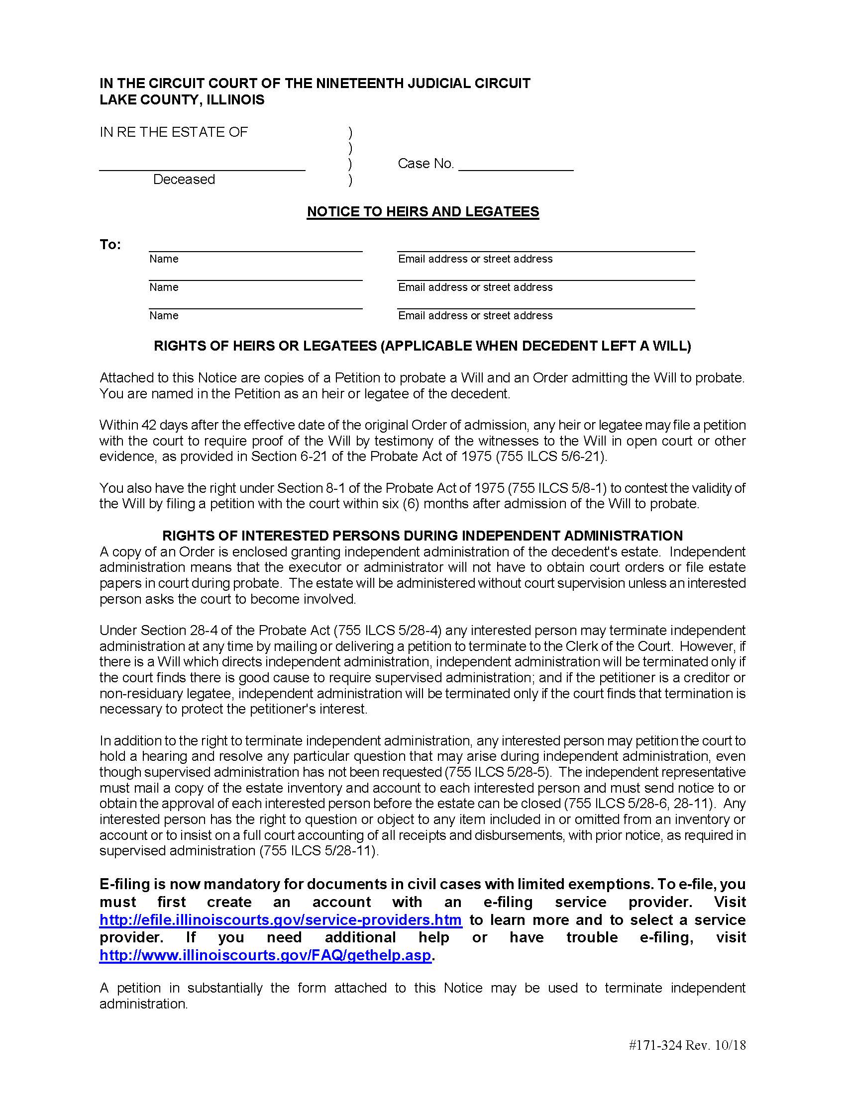 Notice To Heirs And Legatees {171-324} | Pdf Fpdf Docx | Illinois