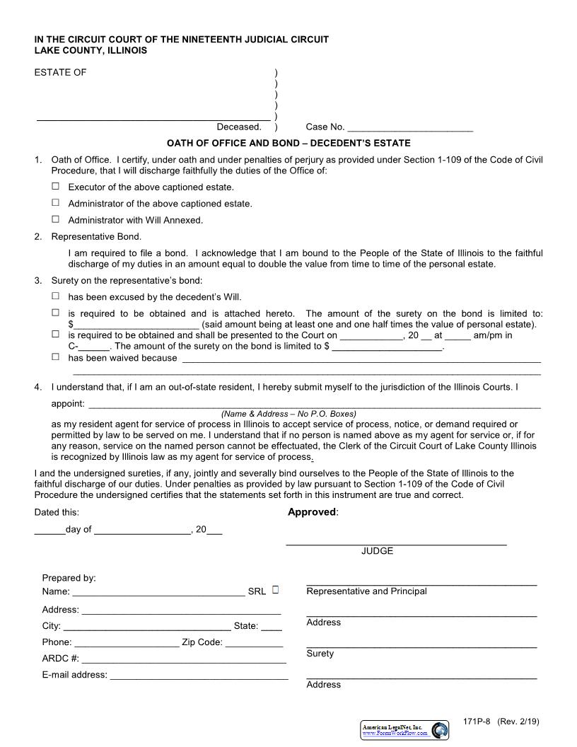 Oath Of Office And Bond Decedents Estate {171P-8} | Pdf Fpdf Docx | Illinois