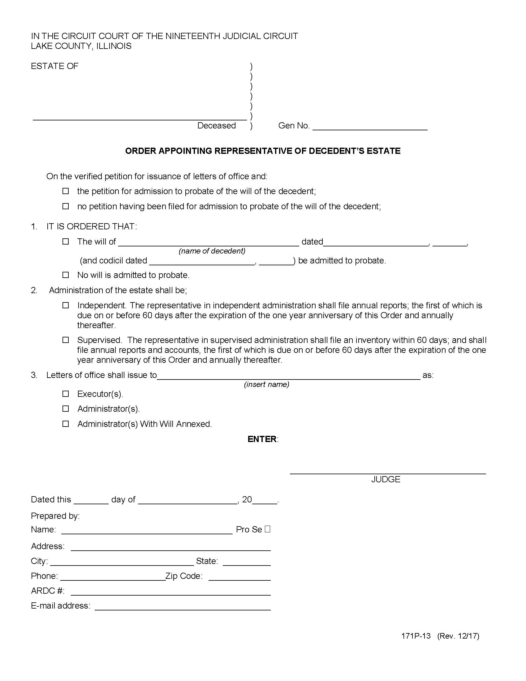 Order Appointing Representative Of Decedents Estate {171P-13} | Pdf Fpdf Doc Docx | Illinois