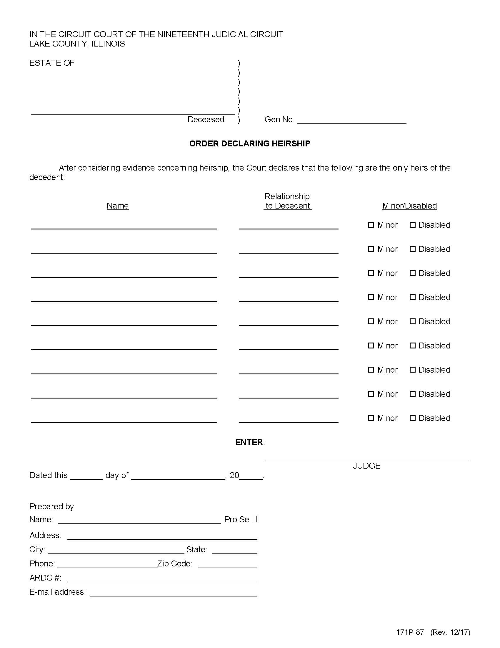 Order Declaring Heirship {171P-87} | Pdf Fpdf Doc Docx | Illinois