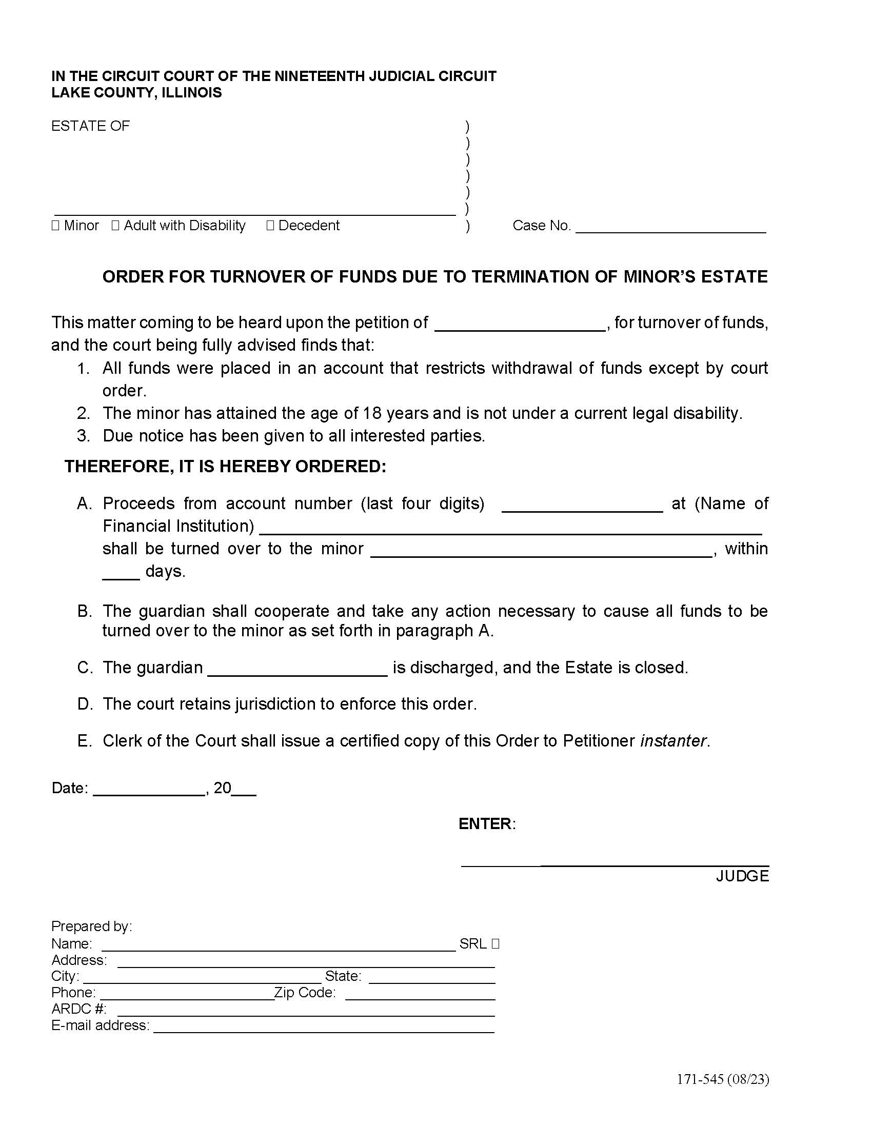 Order For Turnover Of Surplus Funds Termination Of Minors Estate {171-545} | Pdf Fpdf Docx | Illinois