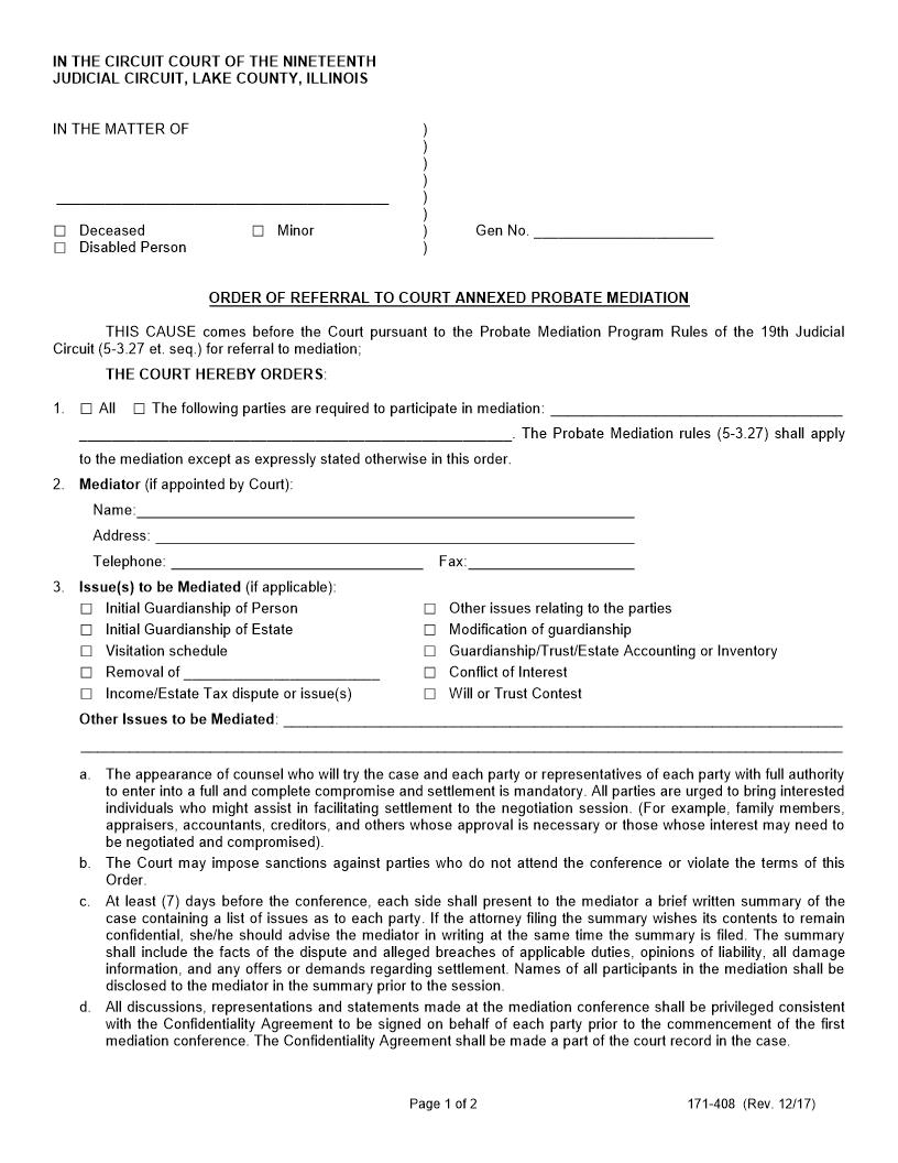 Order Of Referral To Court Annexed Probate Mediation {171-408} | Pdf Fpdf Docx | Illinois