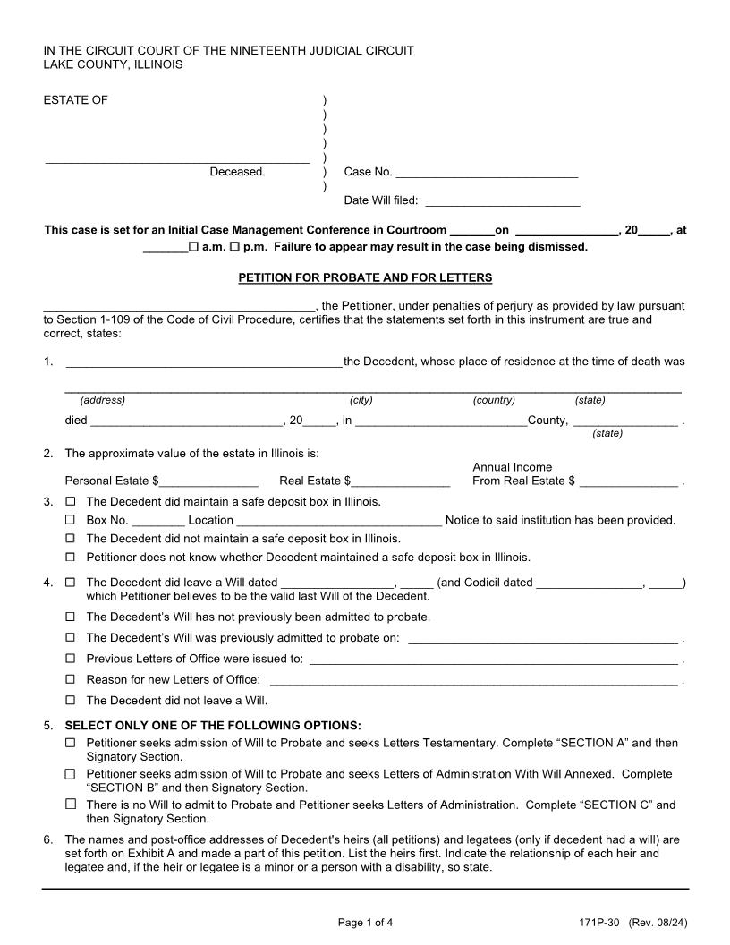 Petition For Probate And For Letters {171P-30} | Pdf Fpdf Docx | Illinois